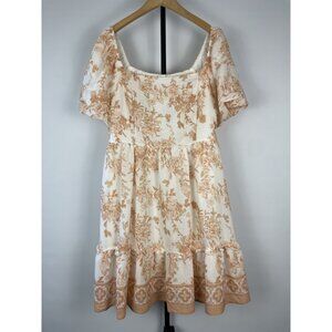 Blu Pepper White Orange Cottage Core‎ Antique Floral Mini Puff Sleeve Dress Sz L
